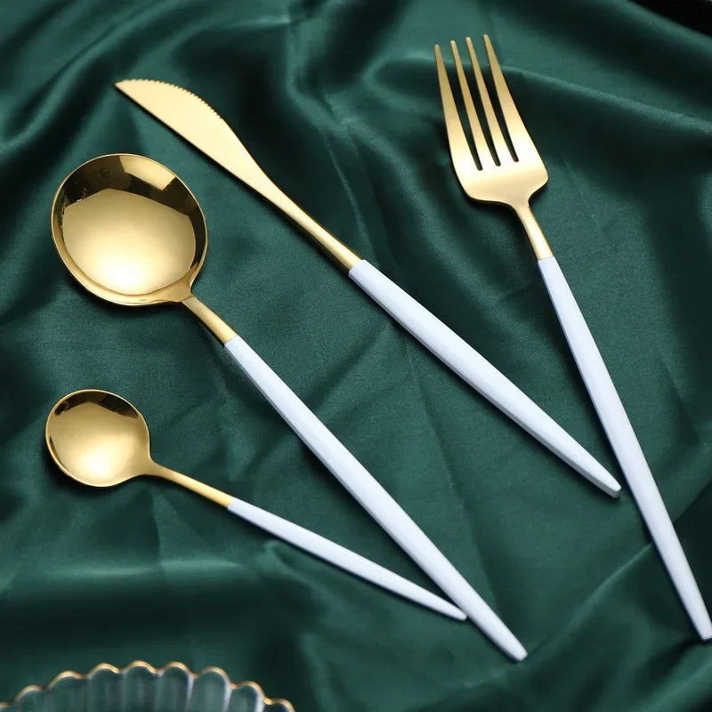 Stainless Steel Cutlery Set, 4pcs Fork, Spoon, Knife, Chopsticks, Dinnerware, Tea Spoon, Flatware Set, Silverware, Black Gold