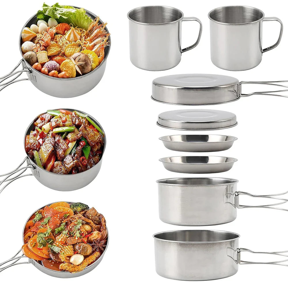 Stainless Steel 8Pcs Cookware Set for Camping Camping Pot and Pan Set with Cups Outdoor 2-3 Person Tableware for Hiking Picnic