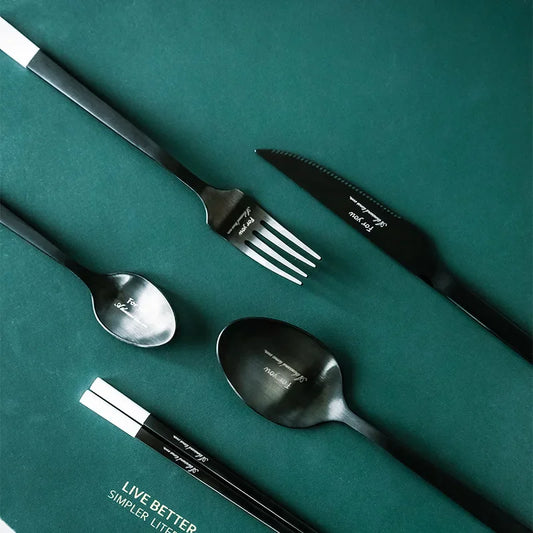 Stainless Steel Cutlery Set, Dinnerware Set, Knife, Fork, Spoon, Chopsticks, Coffee Spoon, Elegant Black White Tableware