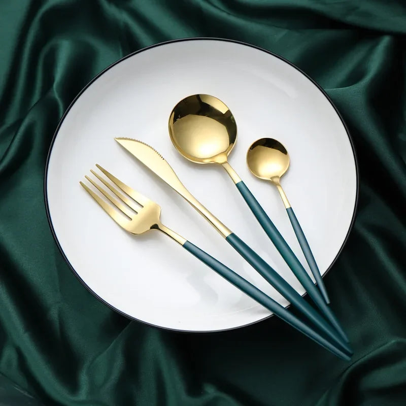 Stainless Steel Cutlery Set, 4pcs Fork, Spoon, Knife, Chopsticks, Dinnerware, Tea Spoon, Flatware Set, Silverware, Black Gold