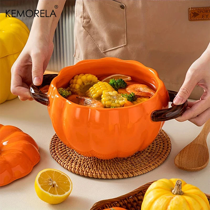 50OZ Dutch Oven Pot With Lid Ceramic Pumpkin Dish Halloween Pumpkin Pottery Dessert Saucepan No Open Flames Cute Pumpkin Bowl