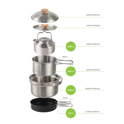 Camping Cookware Set Outdoor Picnic Cookware Kit Stainless Steel Pot Frying Pan Kettle Set Travel Cooking Accessory