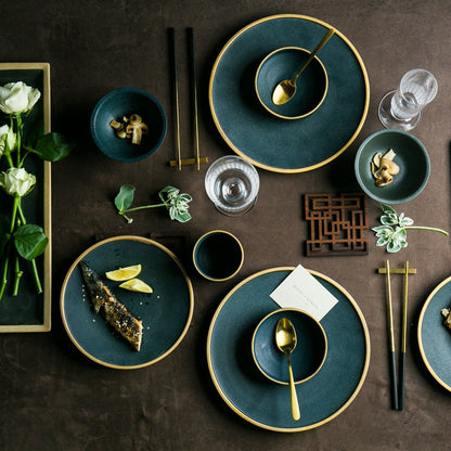 Ceramic Gold Inlay Plates Steak Food Dish Nordic Style Retro Tableware Bowl Ins Dinner Plate Cup High End Dinnerware Set