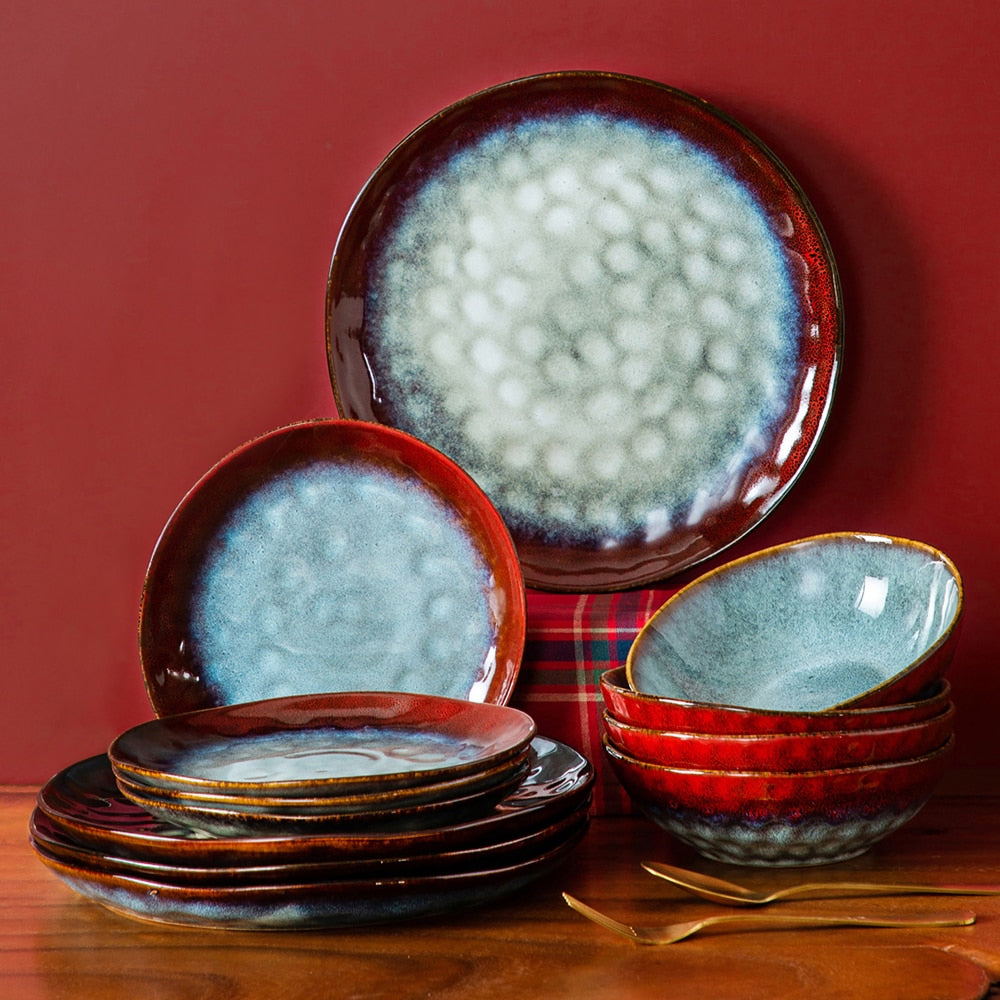 VANCASSO Starry Dinner Set Vintage Look Ceramic Red 12/24/36-Piece Stoneware Tableware Set with Dinner Plate,Dessert Plate,Bowl