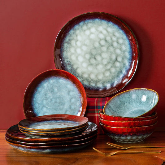 VANCASSO Starry Dinner Set Vintage Look Ceramic Red 12/24/36-Piece Stoneware Tableware Set with Dinner Plate,Dessert Plate,Bowl
