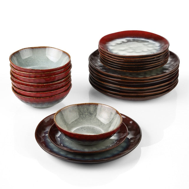 VANCASSO Starry Dinner Set Vintage Look Ceramic Red 12/24/36-Piece Stoneware Tableware Set with Dinner Plate,Dessert Plate,Bowl
